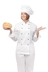 smiling woman professional chef, cook or baker holding fresh bread isolated on white background. restaurant, dieting and cooking food concept. bakery advertisement