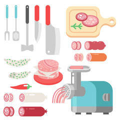 Meat products ingredient and rustic elements preparation equipment food flat vector illustration.