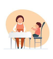 Mom and her child visit restaurant, order tasty food, drinks.