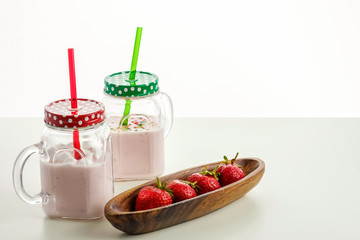 Strawberry milkshake in the glass jar