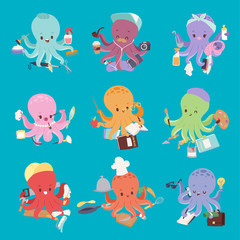 Octopus mollusk ocean coral reef animal character different pose like human and cartoon funny graphic marine life underwater tentacle vector illustration.