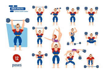 Male athlete, entertains audience, showing strength exercises with dumbbells.