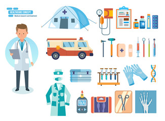 Set of tools for medical research, treatment, work in institution.