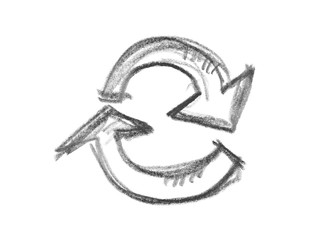 Recycling symbol with arrows hatching grunge graphite pencil background and texture isolated on white background, design element