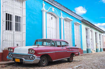 Red iconic vintage car in Trinidad,Cuba