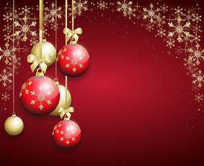 red christmas background decorated with christmas bulbs