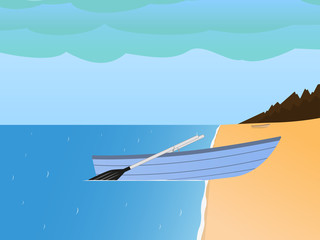Vector fishing boat on a sandy beach and sea