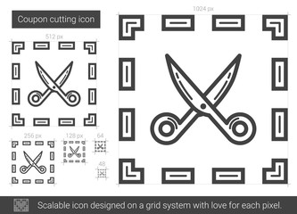 Coupon cutting vector line icon isolated on white background. Coupon cutting line icon for infographic, website or app. Scalable icon designed on a grid system.