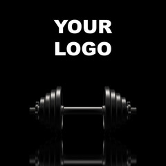 Dumbbell on a black reflective surface. Professional studio lighting from above. The silhouette of a heavy metal dumbbell. Cast iron discs and handle. Square proportions. 3D illustration.