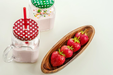 Strawberry milkshake in the glass jar