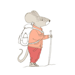 Vector illustration. Cute animal like humans. Humanized animal. Mouse pants and jacket standing on a mountain with a backpack