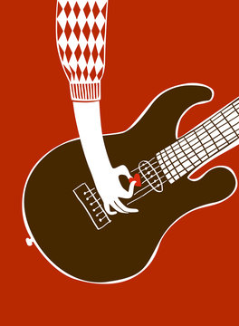 Vector illustration. A man's hand plays guitar with a mediator in the form of a heart for poster or card