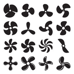 Propeller screw icons. Collection of 16 black pictograms isolated on a white background. Vector illustration - obrazy, fototapety, plakaty
