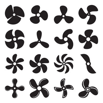 Propeller screw icons. Collection of 16 black pictograms isolated on a white background. Vector illustration