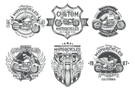 Fototapeta Set vector black vintage badges, emblems with a custom motorcycle. Print, template, advertising design element for the motor club, motorcycle repair shop