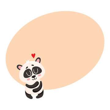Cute and funny smiling baby panda character hugging itself, showing love, cartoon vector illustration with space for text. Cute little panda bear character, mascot, symbol of love
