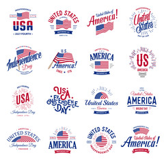 United States of North America Vector Logos Vintage set. Independence day national holiday icons collection Blue and red colors USA windy flags. Retro style lettering.
