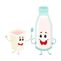 Funny happy milk bottle and yogurt cup characters with smiling human faces, cartoon vector illustration isolated on white background. Cute, funny milk bottle and yogurt cup characters, dairy mascots