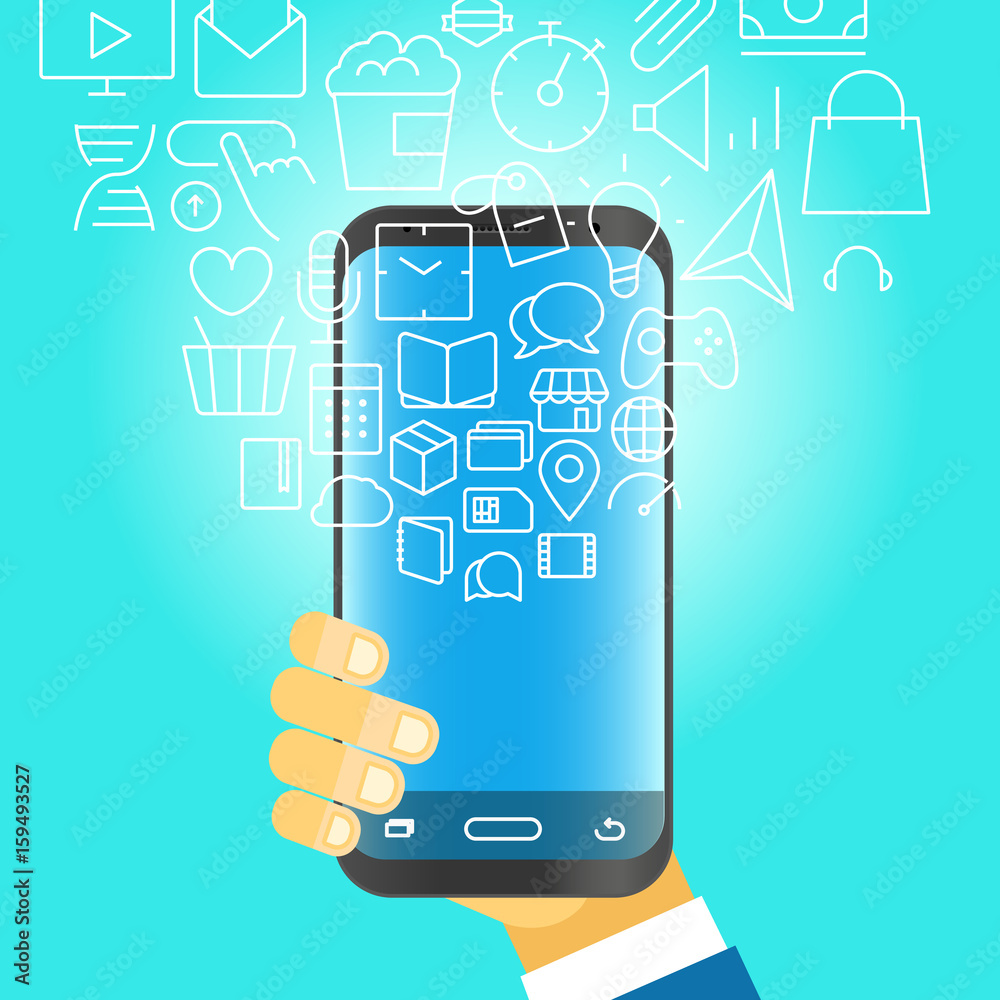 Poster man holding modern smartphone with falling icons