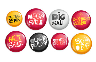 Different sale magnet buttons. Special offer banners collection