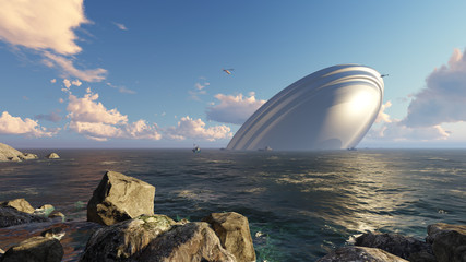 3d UFO crash into a sea   © kolbass