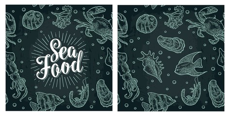 Sea food lettering and seamless pattern shell, crab, shrimp, fish.