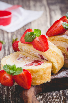 Homemade strawberry shortcake cake roll