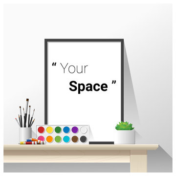 Interior poster mock up with empty frame and art supplies , vector , illustration