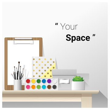 Mock up wall scene with school supplies , vector , illustration
