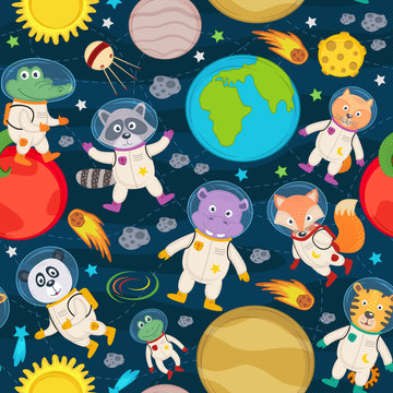 seamless pattern with animals in space- vector illustration, eps
