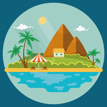 Summer paradise ocean landscape. A beautiful island with huts in the sea. House on the beach. Vacation with a holiday in the tropics. Flat icons vector illustration