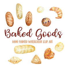 Baked goods watercolor illustration, food watercolor clip art, bread, breakfast roll, bun, croissant, fresh bread, hand painted clip art 