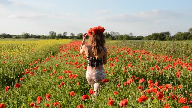 Young beautiful girl with long hair walks the poppy field on a sunny summer day