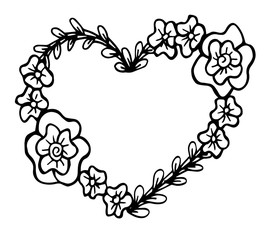 Decorative love frame composition with hearts, flowers, ornate elements in doodle style. Floral, ornate, decorative, tribal design elements. Black and white background. Zentangle coloring book page