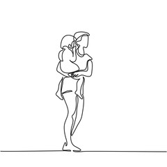 Continuous line drawing vector illustration. Mother with small daughter in her arms
