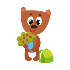 Cute teddy bear student character with backpack holding bunch of flowers, back to school concept, cartoon vector illustration isolated on white background. Little bear student with bunch of flowers