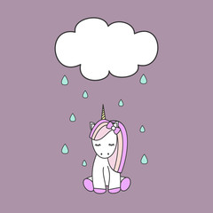 cute colorful cartoon unicorn and cloud with rain vector illustration