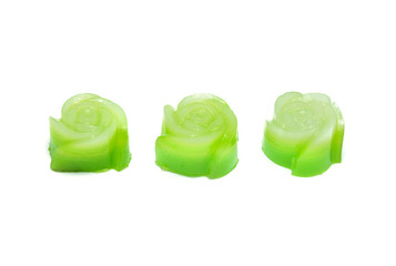 Khanom Chan or Thai sweetmeat is a kind of sweet Thai dessert on white background.