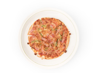 Delicious pizza inside dish isolated