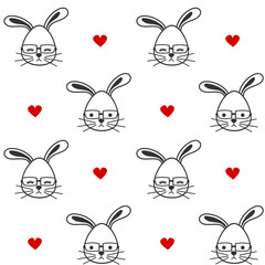 cute cartoon black and white bunnies with eyeglasses seamless vector pattern background illustration