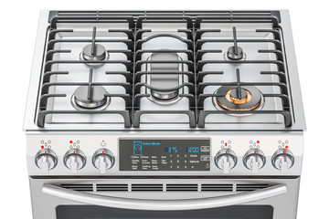 Steel gas cooker with oven top view closeup, 3D rendering