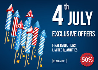 4th of  July  exclusive  offers  banner  with  firework  rockets.