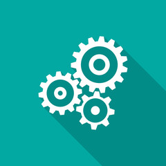 Cogwheel gear mechanism icon with long shadow. Flat design style. Mechanism simple silhouette. Modern, minimalist icon in stylish colors. Web site page and mobile app design vector element.