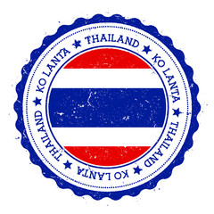 Ko Lanta flag badge. Vintage travel stamp with circular text, stars and island flag inside it. Vector illustration.