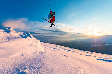 good skiing in the snowy mountains, Carpathians, Ukraine, a beautiful winter sunset, incredible ski...