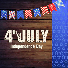Fototapeta na wymiar 4th July - Independence day of United States of America - festive vector with different holiday symbols isolated on wood background