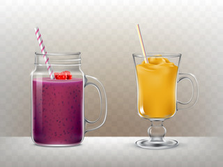 Set of vector illustrations of glasses, cups with smoothies in a realistic style