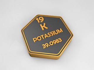 Potassium - K - chemical element periodic table hexagonal shape 3d illustration