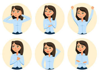 Young women in elegant office clothes. Set, worry, happy, thinking, smile