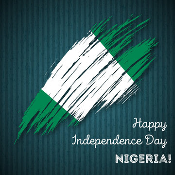 Nigeria Independence Day Patriotic Design. Expressive Brush Stroke in National Flag Colors on dark striped background. Happy Independence Day Nigeria Vector Greeting Card.
